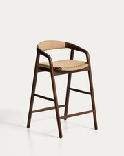Kave Home Derile Stool in Solid Oak Wood with Walnut Finish and Beige Paper Rope
