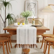 Rustic Farmhouse Style Linen Table Runner, Boho Handmade Tassel Embroidered Tabl