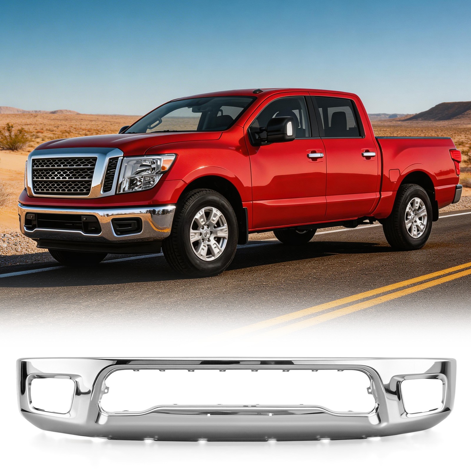 One-Piece Front Bumper For Nissan Titan 2017-2019 Chrome Without Sensor Holes