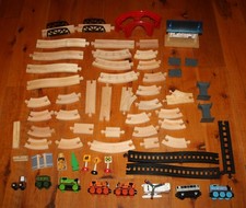 Lot of 62 WOODEN TRAIN Pieces Tracks Ramps Bridges Engines BRIO etc