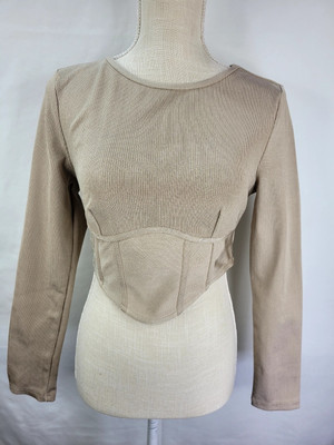 Structured Taupe Long Sleeve Corset Top Size L Fitted Rehab Lab Retro Modern