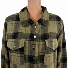 Lucky Brand Womens Jacket Army Green Plaid Flannel Sherpa Lined Pockets Sz Lg