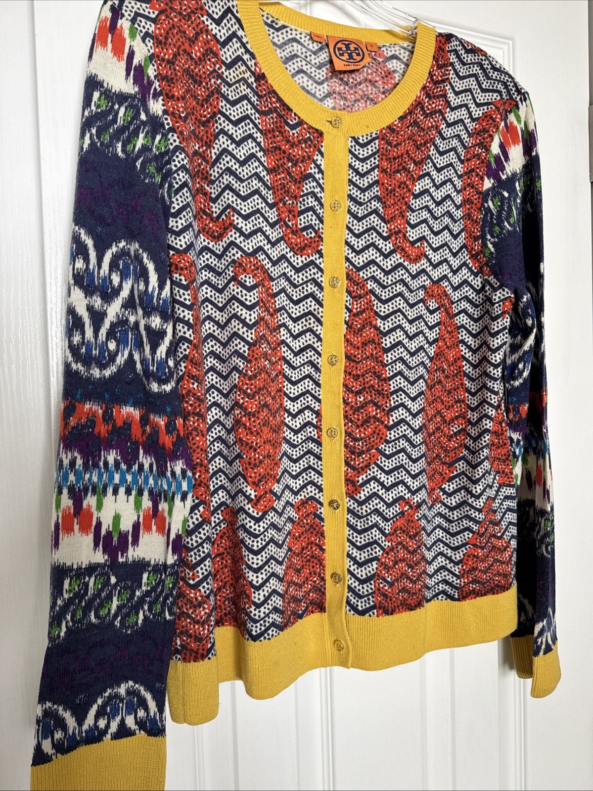 Tory Burch Merino Wool Blue Yellow Paisley Cardigan Women's XL Gold Buttons thumbnail 2