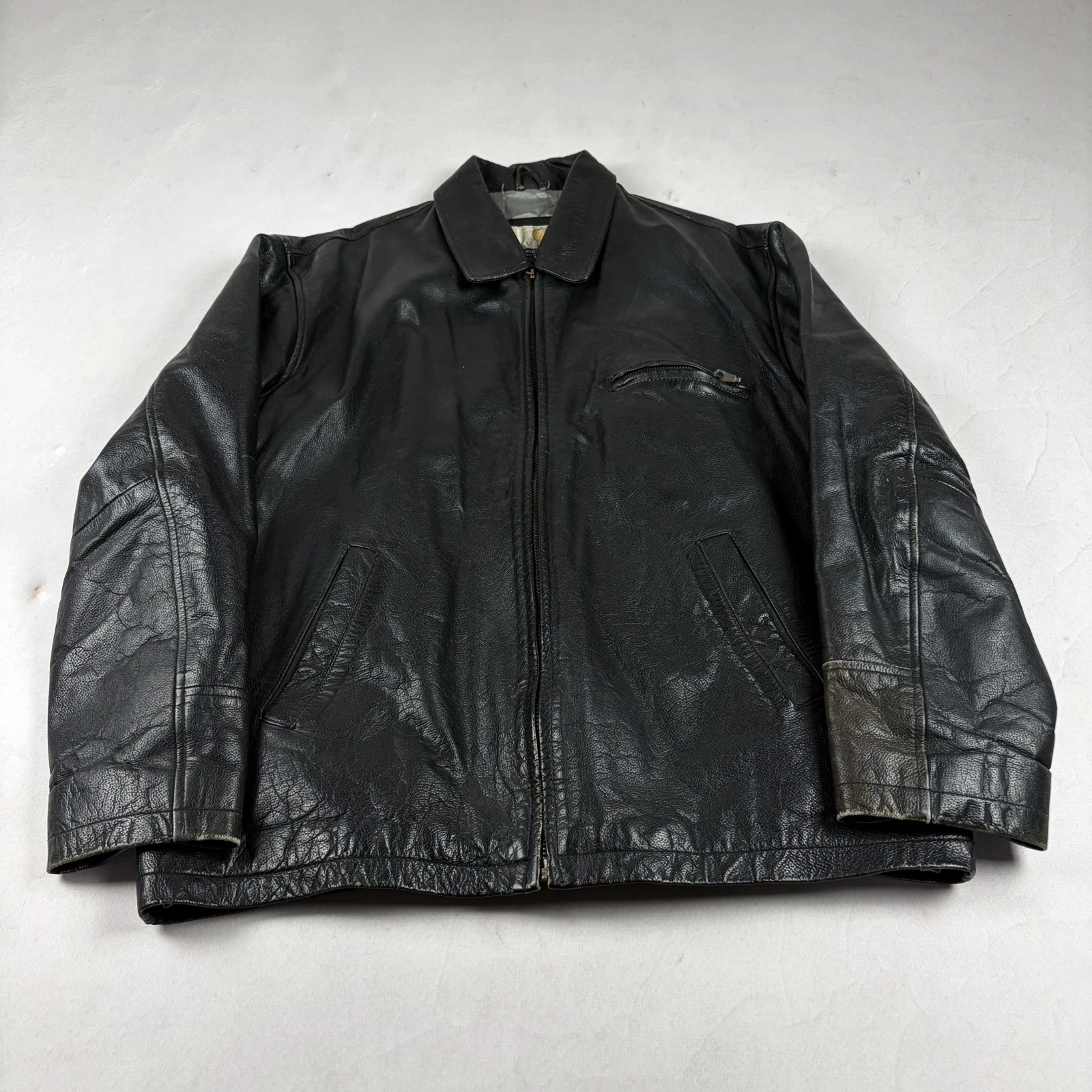 Mens Vintage Black Leather Jacket Classic Zip Up Minimalist Biker Casual 90s