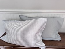 Queen 100 French Flax Linen Reversible Pillowcases Mist Gray Stripe Solid