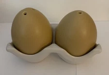 Vintage Ceramic Tan Egg Shaped Salt & Pepper Shakers Sitting In Egg Carton