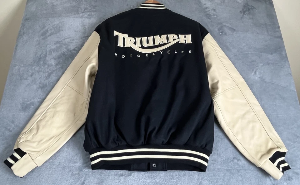 VTG Triumph Motorcycles Varsity Jacket Mens Sz L Wool Cowhide Leather Biker NWT - Image 2 of 4