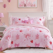 Twin Comforter Set for Girls-5 Pieces Pink Bow Twin Bedding Sets for Kids, Ultra