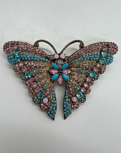 Vintage Carol Dauplaise Strass Emaille Schmetterling Brosche Anstecknadel 1990er blau rosa - Bild 2 von 6