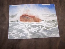 Original Watercolor By Peg DeChene Humphreys, Ocean Splashing Boulder 15"x11" 