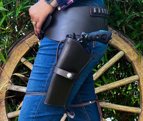 WESTERN LEATHER HOLSTER GUN BELT BROWN HAND MADE COWBOY REVOLVER PISTOL GUN BELT - Picture 10 of 18