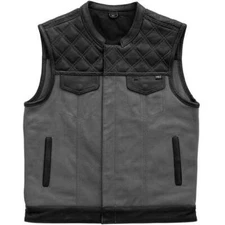 Hunt Club Style Mens Gray Denim Leather Vest Motorcycle Biker Concealed Carry