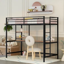 Twin/Full Size Loft Bed Metal Bed Frame with Desk & Storage Shelf White/Black
