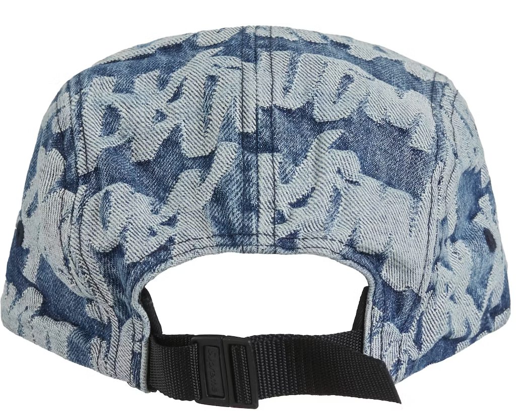 BRAND NEW SUPREME FAT TIP JACQUARD DENIM CAMP CAP BLACK/ BLUE 