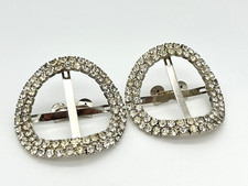 Vintage Rhinestone Shoe Clips Oval Silver Tone Sparkle Shoe Buckles