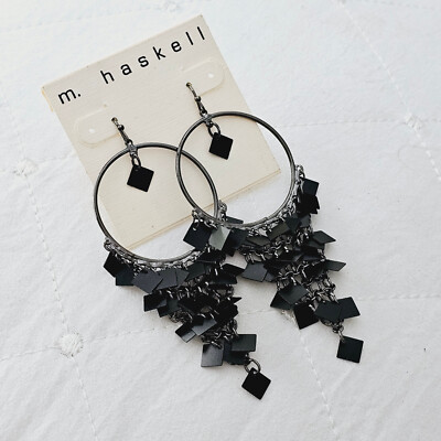 M. Haskell gunmetal hoop black square dangle chandelier earrings NEW