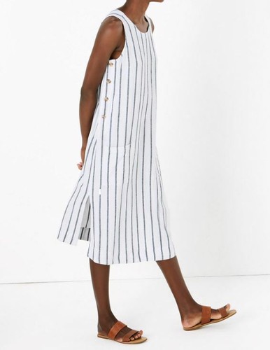 Ladies Linen Striped Side Button Midi 