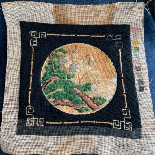 Crewel Needlework Heron's in a Tree Asian Inspired Panel needs corner approx - Picture 2 of 10