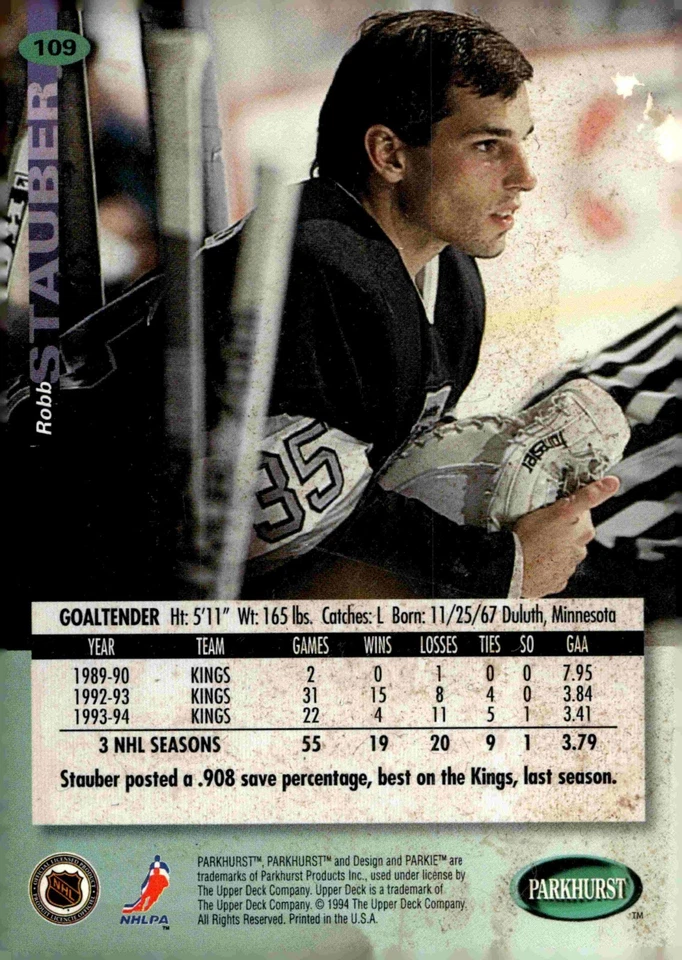 Robb Stauber - Signed 1994-95 Parkhurst Card #109 - Image 2 of 2