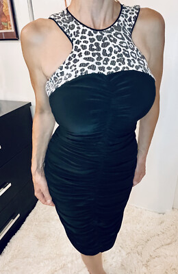 Cache Sequin Leopard Print Rouched Stretch Knit Slimming Cocktail Dress  Size