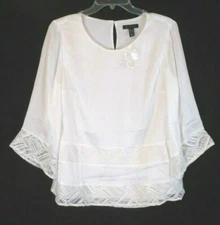 New H by Halston Scoop Neck Shirt Sz 2 White 3/4 Sleeve Lace A354496 Women CB76G