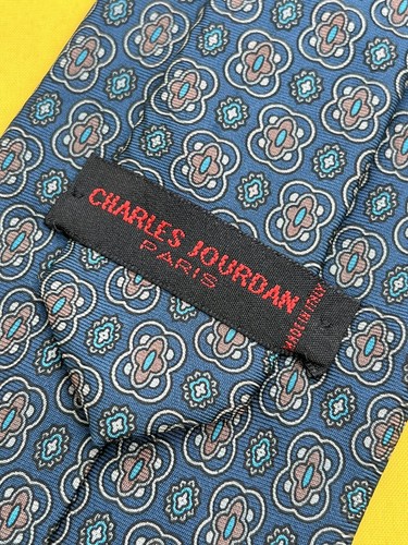 Authentic CHARLES JOURDAN Art Flowers Design On Turquoise 100% Silk Necktie Tie - Picture 2 of 12