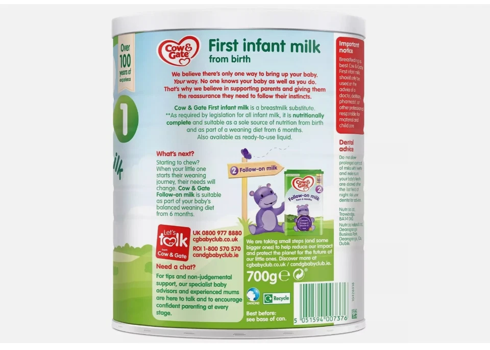 Cow & Gate First Infant Milk Stage 1 Birth Formula Powder Substitute 3x700g Pack - Image 3 of 3
