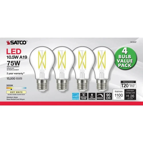 10.5W A19 LED - 75W Replacement - Clear - Medium base - 3000K - 120V - 4-PACK - Picture 3 of 6