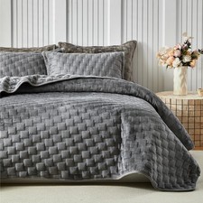 Warmdern Grey Velvet Quilt Set Oversized King Plus Luxury Geometric Check