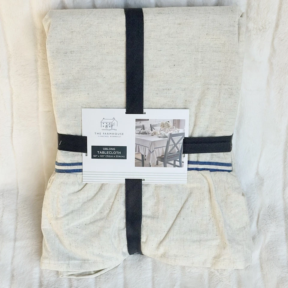 Rachel Ashwell Farmhouse Oblong Tablecloth 60 x 120 Ruffle Cotton Linen Rustic - Image 2 of 4