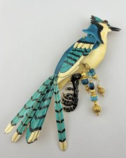 Broche colgante Lunch at The Ritz Blue Jay Bird esmalte móvil 7"