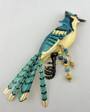 Lunch at The Ritz Blue Jay Bird Moveable Enamel Statement Pin Brooch Pendant 7"