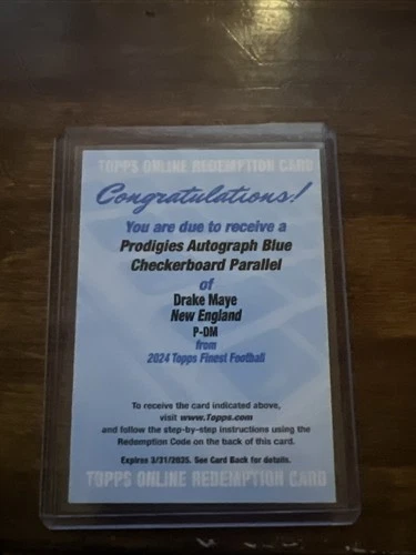 2024 Topps Finest - Prodigies Auto Drake Maye #P-DM Blue Checker /99 REDEMPTION