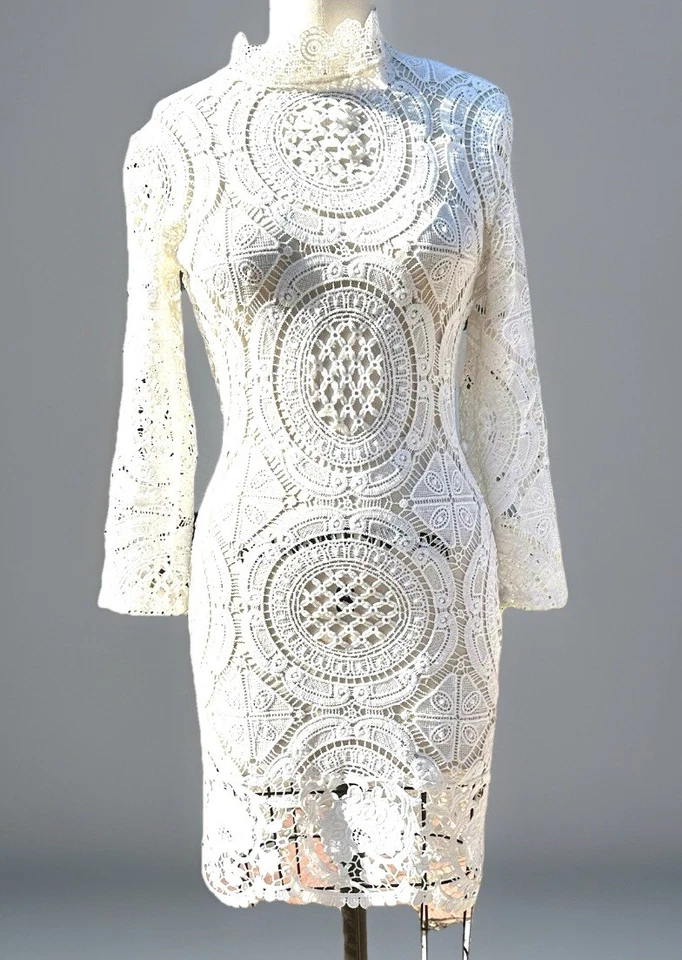 White Crochet Midi Pencil Dress Long Sleeve M/8 Geometric Bodycon Mock Neck - Image 3 of 4