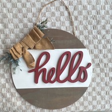 Farmhouse Wood Wall Sign Round 'Hello' Burlap Bow Faux Greenery Plaque
