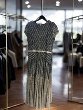 Beaded Sequin Mesh Maxi Dress Cap Sleeve V-Neck Tulle Beige Silver- Nude