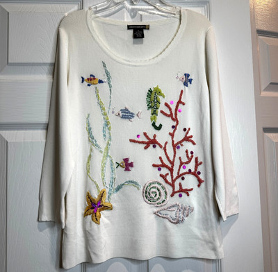 Vintage Sweaterworks Beaded Knit Top Pullover Sea Horse Coral Shell Small/Medium