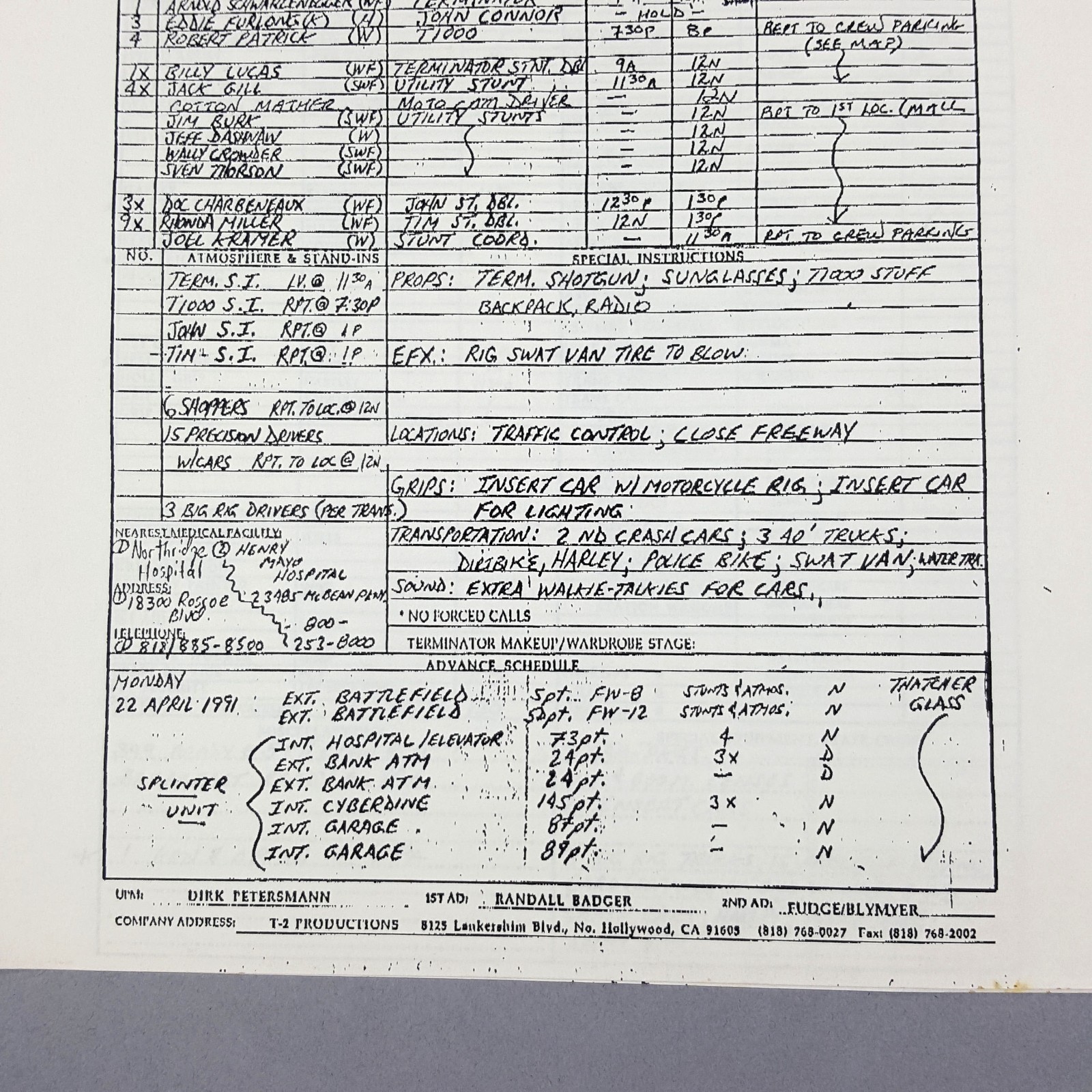 Image 5 of Terminator 2 - Production Used Call Sheet, Exterior Mall and Freeway, Terminator