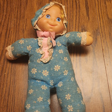 Soft Body Baby Doll, Blonde Straight Hair Blue Eyes, Blue Floral Sleeper Bonnet