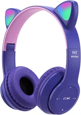 Xiaokeis Kids Headphones, Cat Ear LED Light Up Bluetooth 5.0 Foldable Purple 