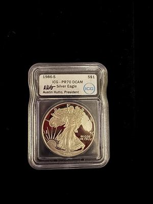 #ad #ad 1986 S PR 70 DCAM American Silver Eagle ASE $1 ICG Proof AUSTIN HUTTO Signed $175.00