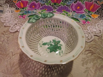 Herend Hungary Porcelain Chinese Bouquet Green Open Weave Basket