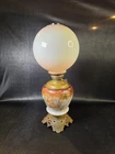 Antique Victorian Oil Lamp Hand Painted Floral Glass Success Burner Milk Glass