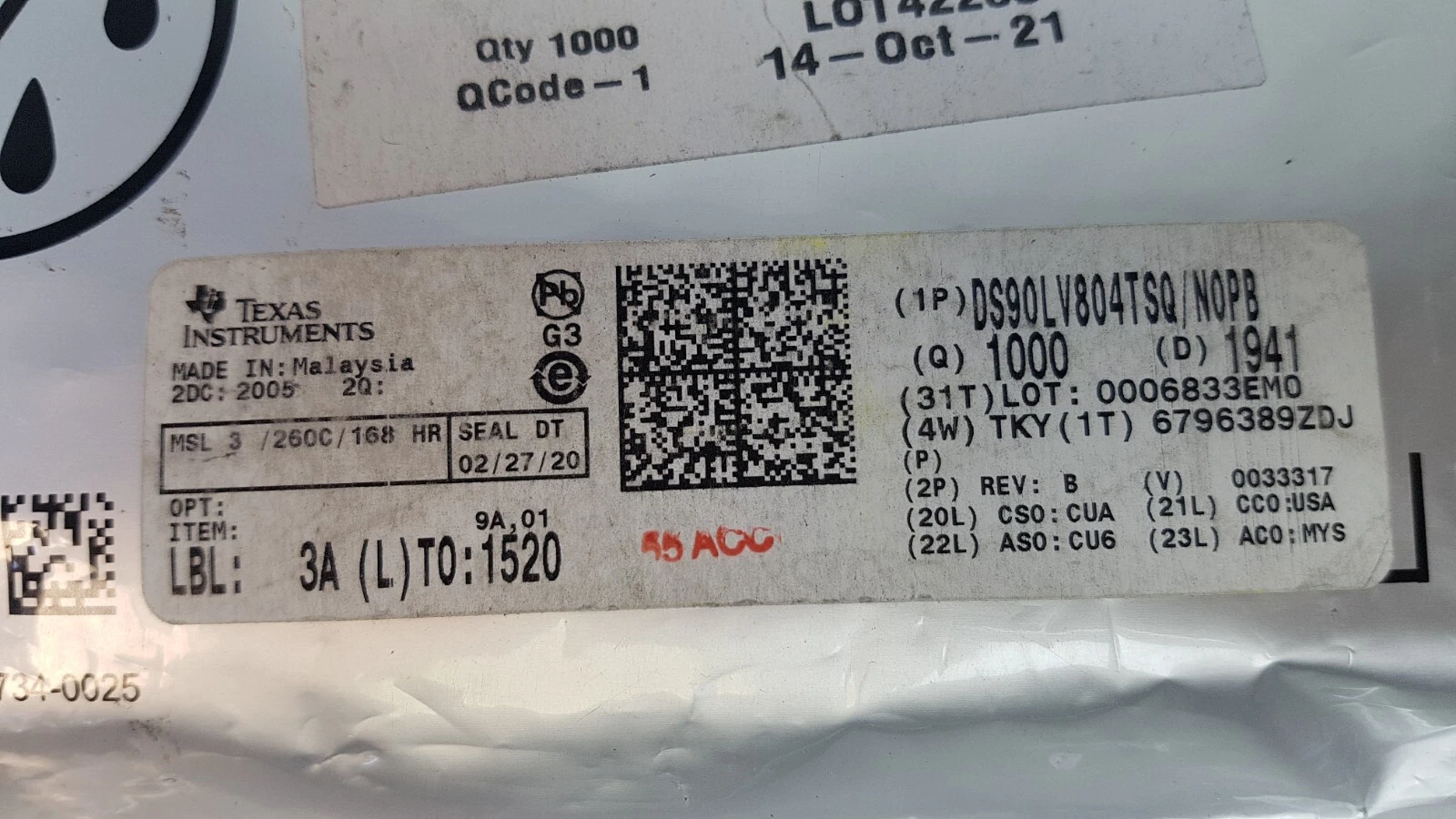 TI reel label: DS90LV804TSQ/NOPB, Qty 1000, date code 1941, MSL 3 260C 168 HR, made in Malaysia