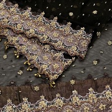 Vintage Heavy Coffee Brown Dupatta Net Mesh Long Stole Hand Embroidered Scarves