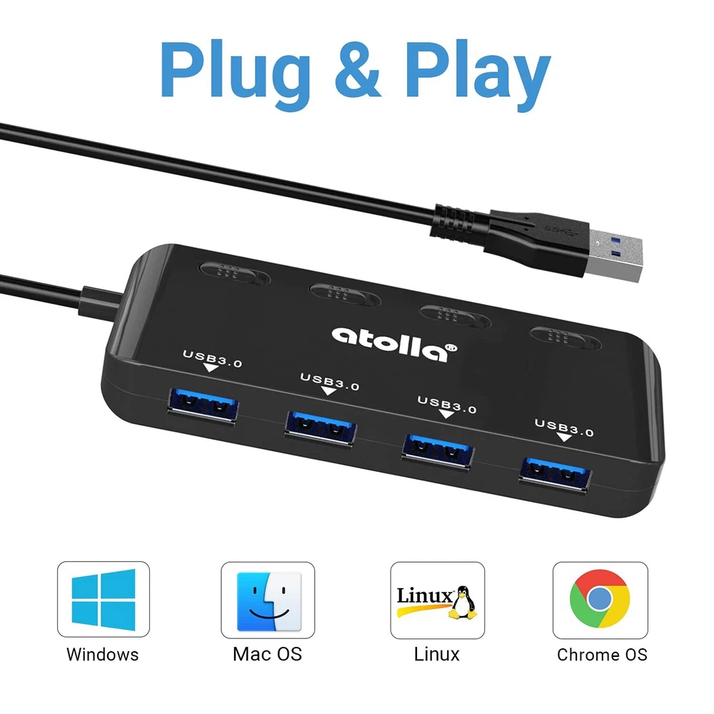 4-Port USB 3.0 Hub with Power Switches LED Lights 2ft Cable