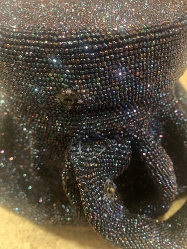 Round Blue Iridescent Beaded Box Purse with Removable Lid Vintage - Picture 4 of 9