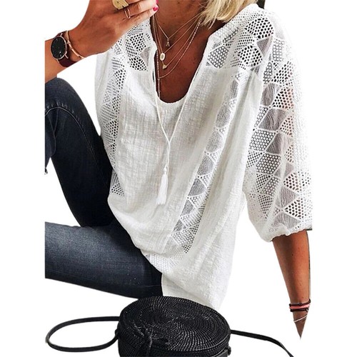 Plus Size Womens Lace V-Neck Tops Ladies 3/4 Sleeve Baggy Loose T-Shirts Blouse - Picture 8 of 12