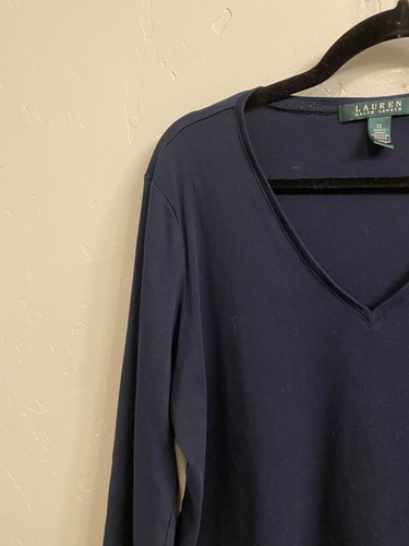 Lauren Ralph Lauren Women’s Navy Long Sleeve V-Neck Cotton Tee Shirt - Picture 4 of 14