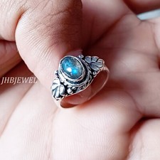 Blue Fire Labradorite Gemstone Ring 925 Sterling Silver Simple Gift Jewelry